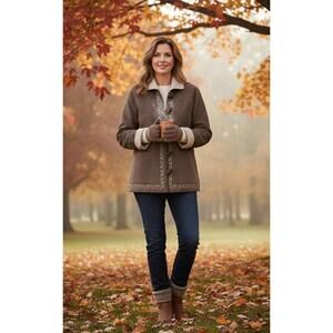 Alfred‎ Dunner Penny Lane Inspired Faux Suede Jacket Floral Trim Womens Size 12P